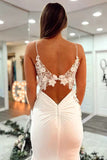 Long V Neck Mermaid Lace White Prom Dress Open Back Formal Evening Dress