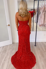 V Neck Red Long Mermaid 2024 Prom Dress Sequin Strapless - MyChicDress