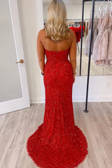 V Neck Red Long Mermaid 2024 Prom Dress Sequin Strapless