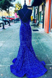 V Neck Royal Blue Evening Dresses UK Seqins Long Prom Dress Mermaid with Split