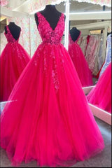 V Neckline Hot Pink Prom Dress Custom Made Formal Dress Long