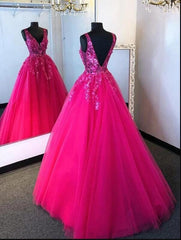 V Neckline Hot Pink Prom Dress Custom Made Formal Dress Long