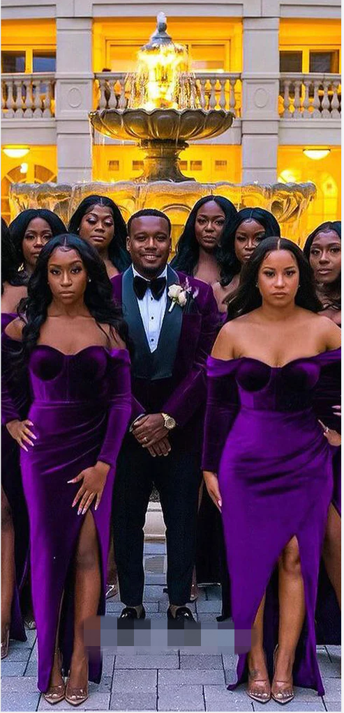 Velvet Purple Bridesmaid Dresses Long Sleeves Mermaid Formal Wedding Guest Dress US10 Same As Picture
