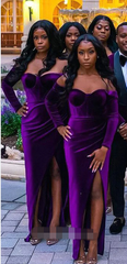 Velvet Purple Bridesmaid Dresses Long Sleeves Mermaid Formal Wedding Guest Dress