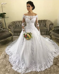 Vintage Long Sleeves Off-the-shoulder Lace Wedding Dresses Discount