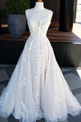 V neck Vintage Lace Wedding Dresses A-line Straps Sweep Train - MyChicDress