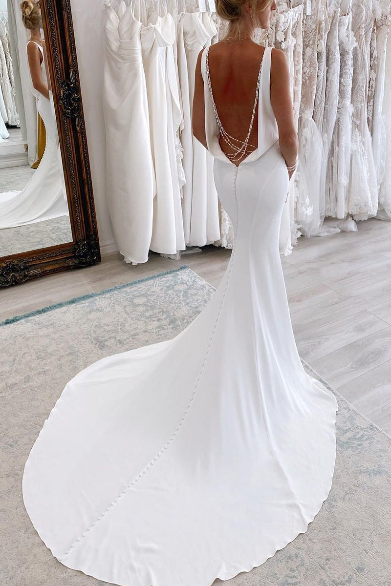 white wedding dress with pearls Vestidos de novia minimalistas con cuello en V de satén suave blanco P – MyChicDress