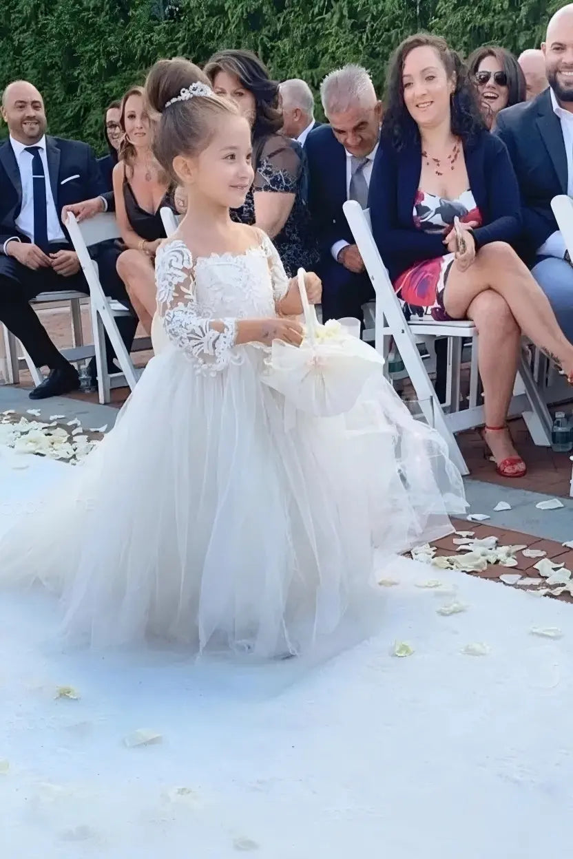 Princess Long Sleeves Lace Flower Girl Dresses with Bowknot