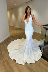 White Iridescent Sequin Prom Dress V Neck Mermaid Formal Evening Gown Straps