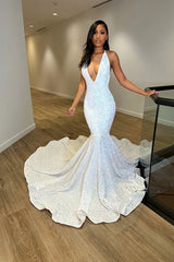 White Iridescent Sequin Prom Dress V Neck Mermaid Formal Evening Gown Straps