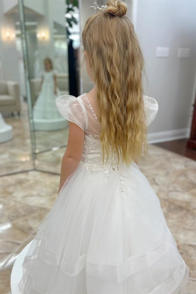 White Little Flower Girl Dress Puff Sleeve Sequin Round Neck - MyChicDress