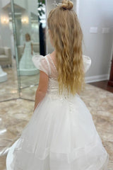 White Little Flower Girl Dress Puff Sleeve Sequin Round Neck - MyChicDress