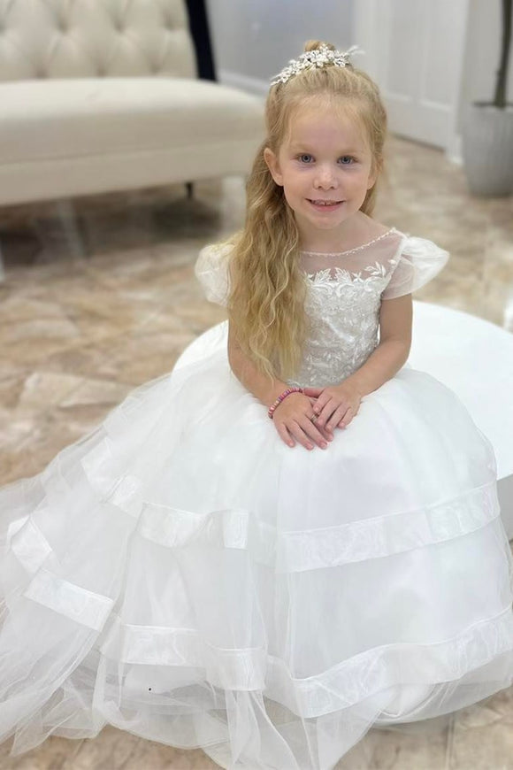 White Little Flower Girl Dress Puff Sleeve Sequin Round Neck - MyChicDress