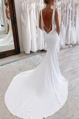 White Soft Satin V Neck Wedding Dresses Pearls Mermaid Backless
