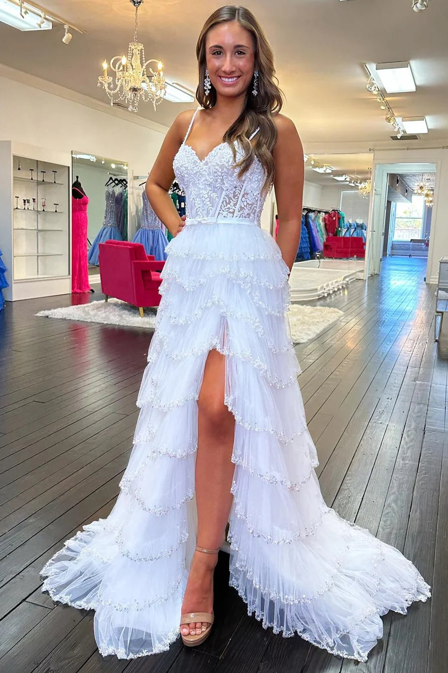 White Tiered Prom Dress Lace Beaded Ruffle Long Gown Slit