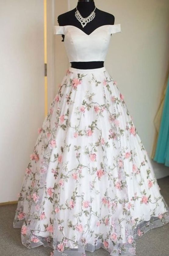 White Two Piece Print Floral Prom Dresses - MyChicDress