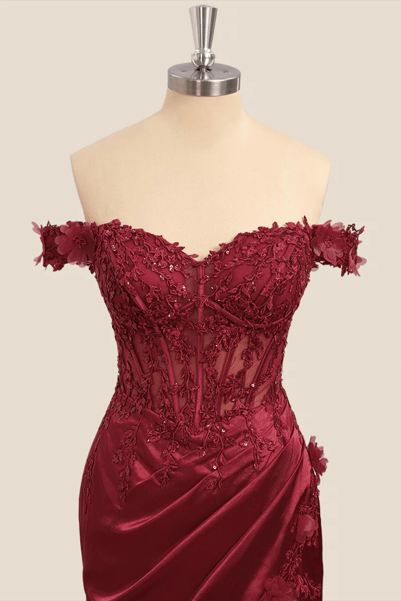 Wine Red Lace Formal Gown Off the Shoulder Breaded Mermaid Dress - MyChicDress