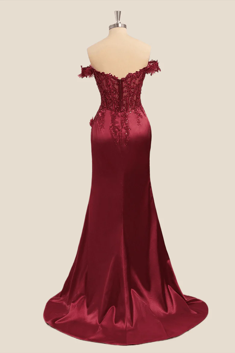 Wine Red Lace Formal Gown Off the Shoulder Breaded Mermaid Dress - MyChicDress
