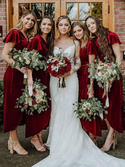 Winter Velvet V-neck Bridesmaid Dresses High-Low Tea-Length Wedding Party Dress