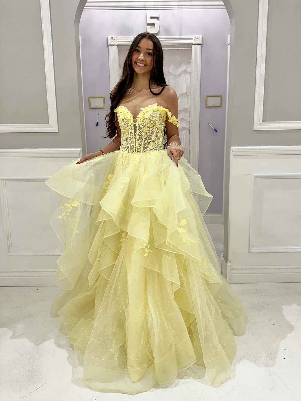 Yellow Corset Prom Dresses Off-shoulder Ball Gown with Floral