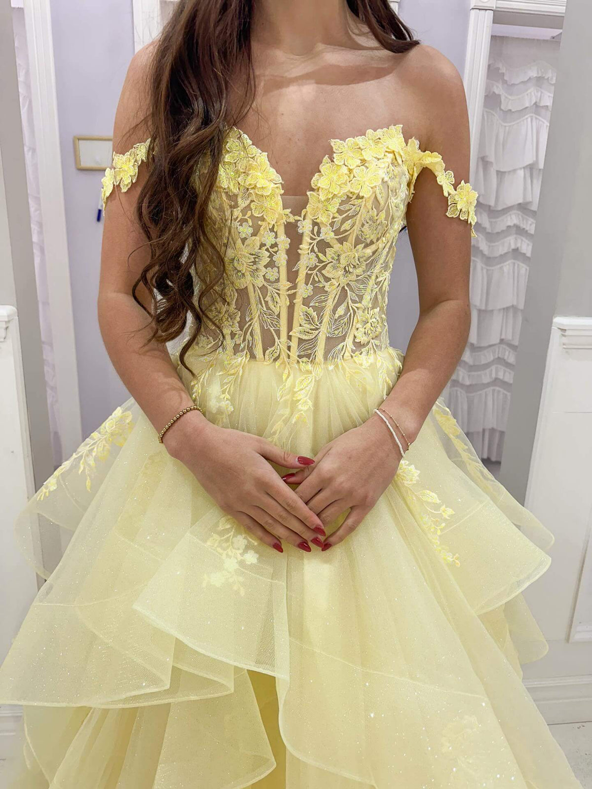Yellow Corset Prom Dresses Off-shoulder Ball Gown with Floral