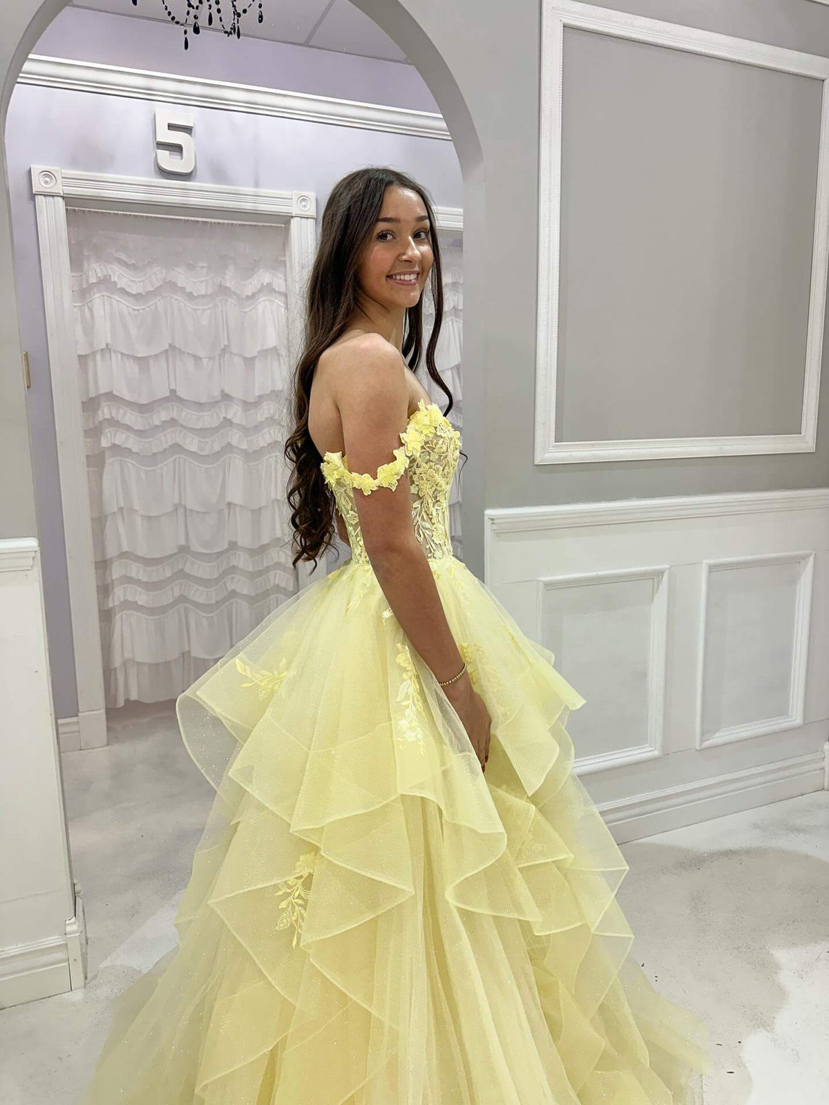 Yellow Corset Prom Dresses Off-shoulder Ball Gown with Floral