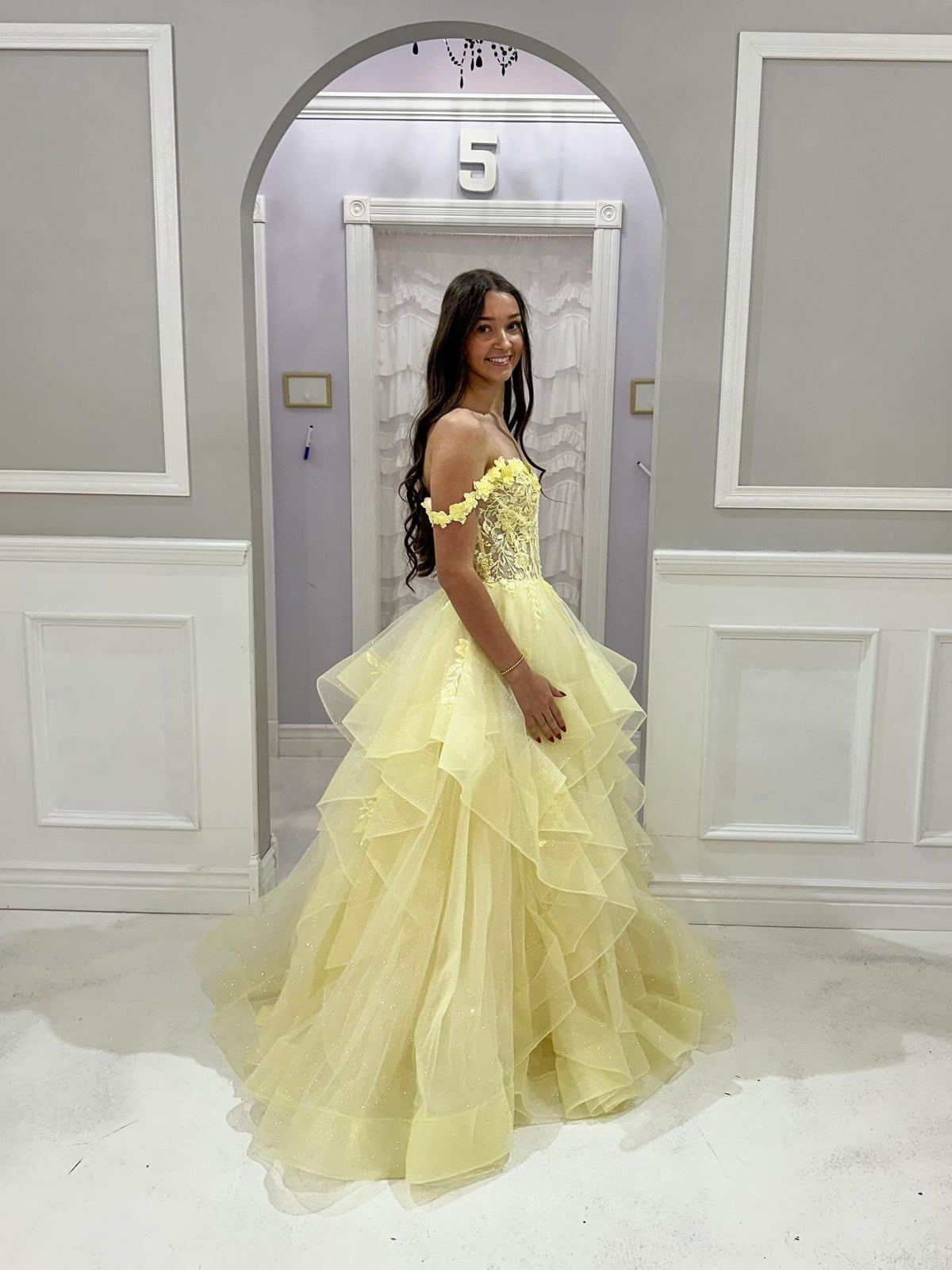 Yellow Corset Prom Dresses Off-shoulder Ball Gown with Floral