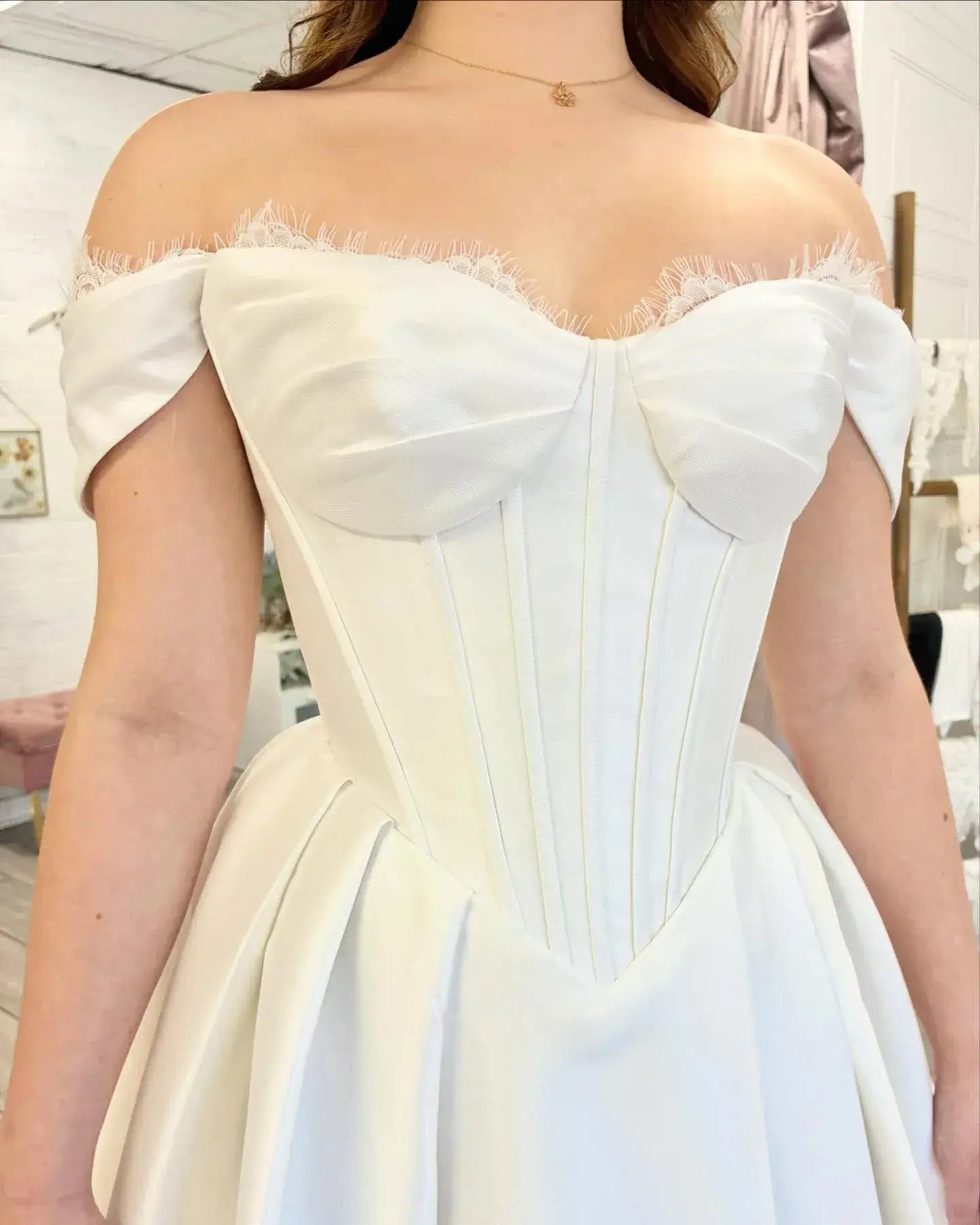 A Line Beach Satin Wedding Dresses Basque Waist Off Shoulder Sweetheart