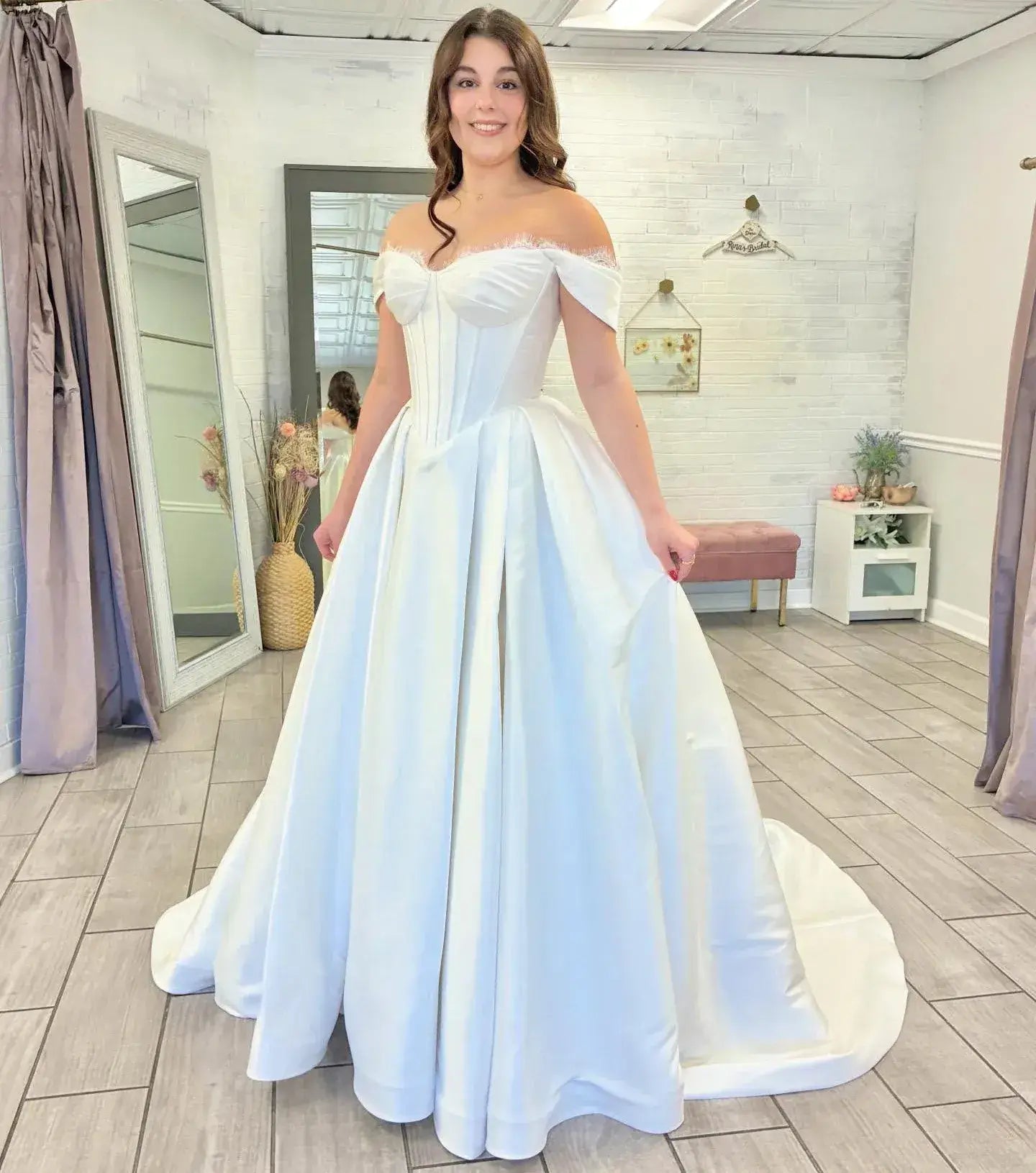 A Line Beach Satin Wedding Dresses Basque Waist Off Shoulder Sweetheart