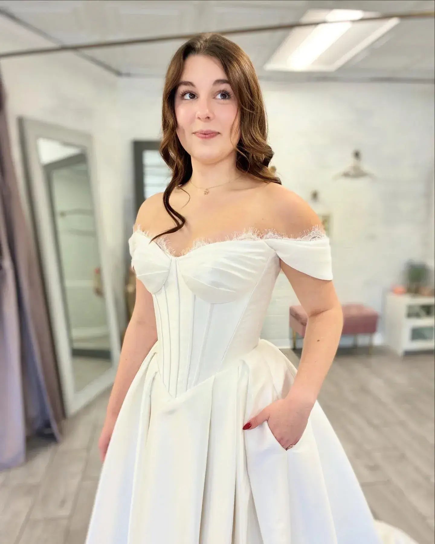 A Line Beach Satin Wedding Dresses Basque Waist Off Shoulder Sweetheart