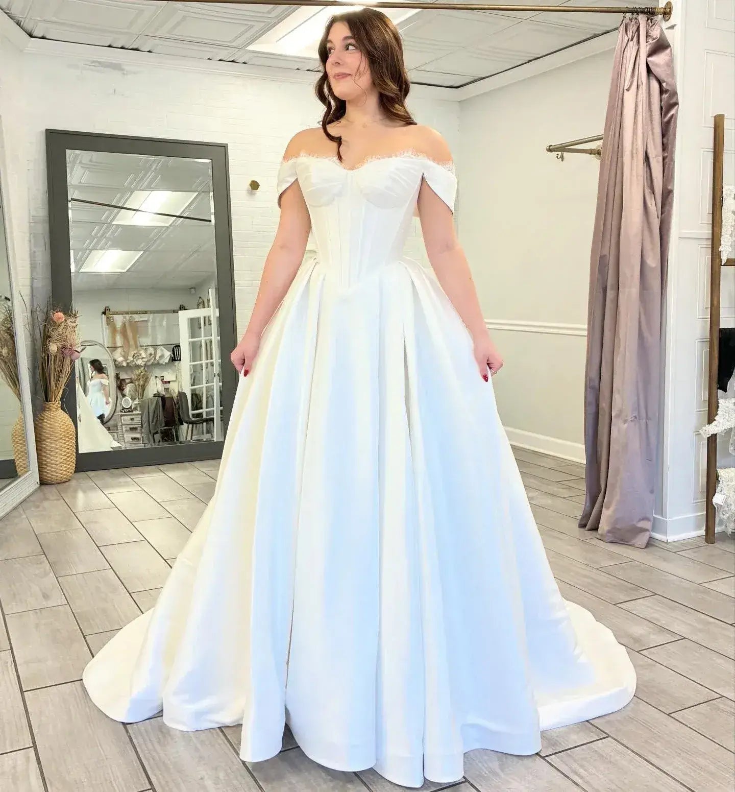 A Line Beach Satin Wedding Dresses Basque Waist Off Shoulder Sweetheart