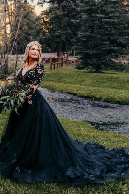 A-line Black Lace Wedding Dresses With Sleeves V-neck Mychicdress