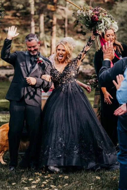 A-line Black Lace Wedding Dresses With Sleeves V-neck Mychicdress