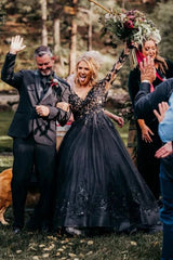 A-line Black Lace Wedding Dresses With Sleeves V-neck Mychicdress