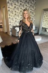 A-line Black Lace Wedding Dresses With Sleeves V-neck Mychicdress