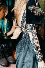 A-line Black Lace Wedding Dresses With Sleeves V-neck Mychicdress