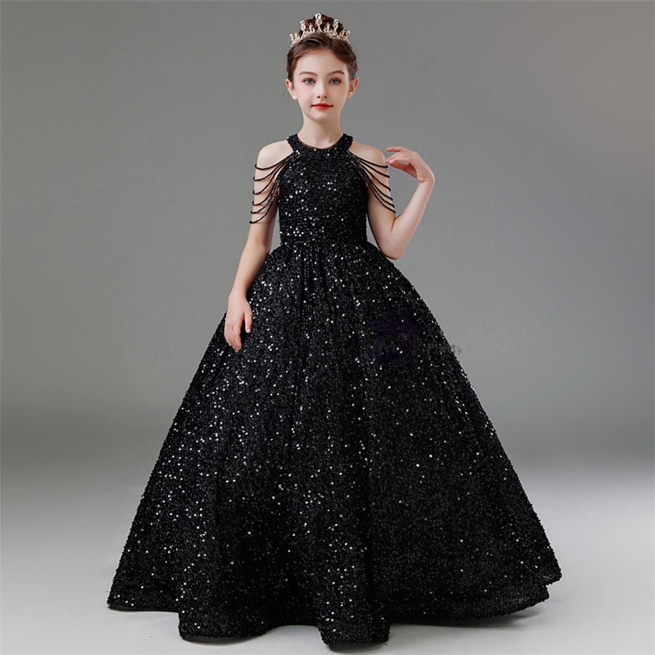 A-Line Black Sequin Flower Girl Dress Halter Beading
