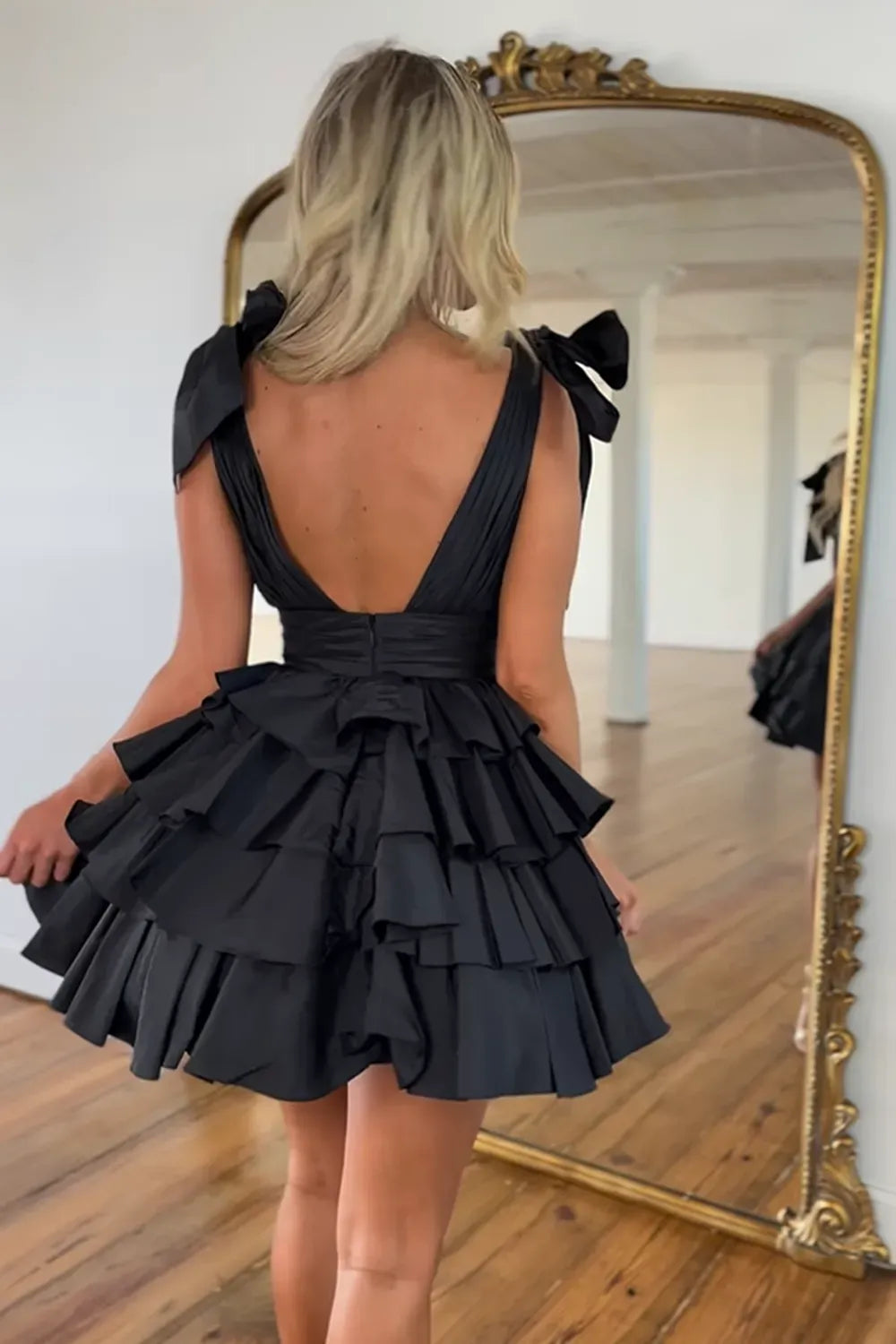 A-Line black Short Tiered Homecoming Dress V Neck with Ruffle