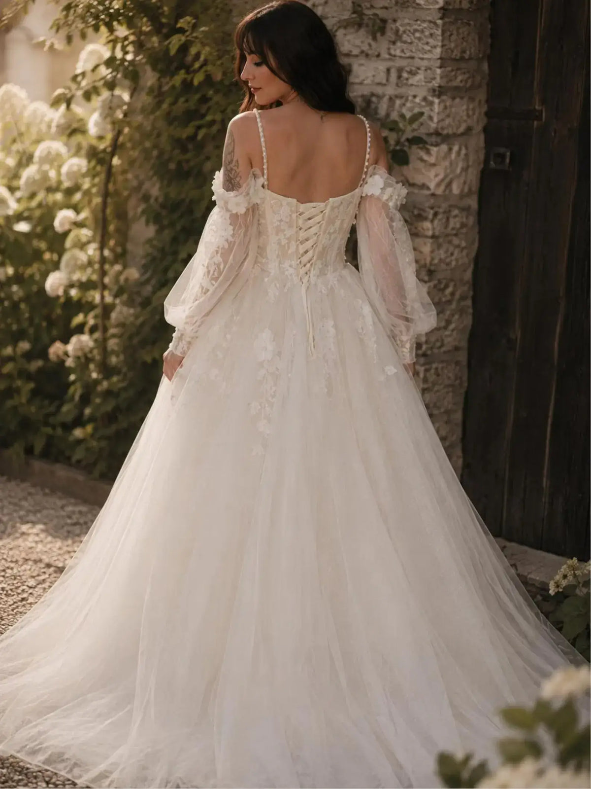 A Line Black Beach Wedding Dresses Trends Lace Tulle Long Sleeves