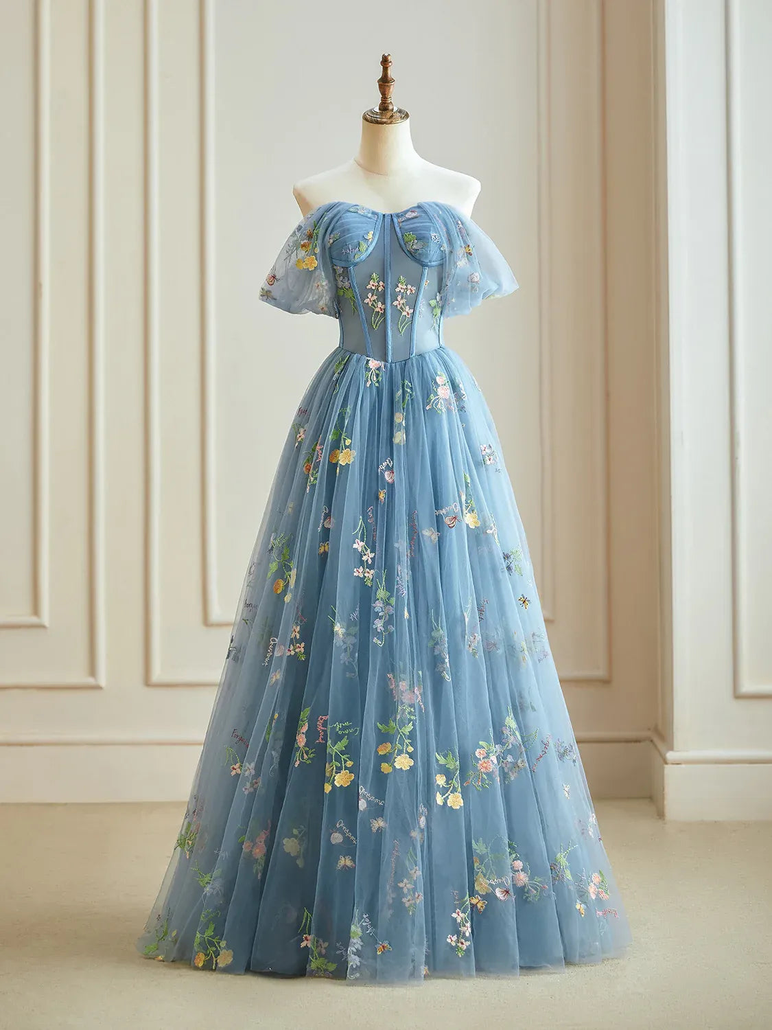 A-Line Blue Floral Prom Dress Long Tulle Formal Dress