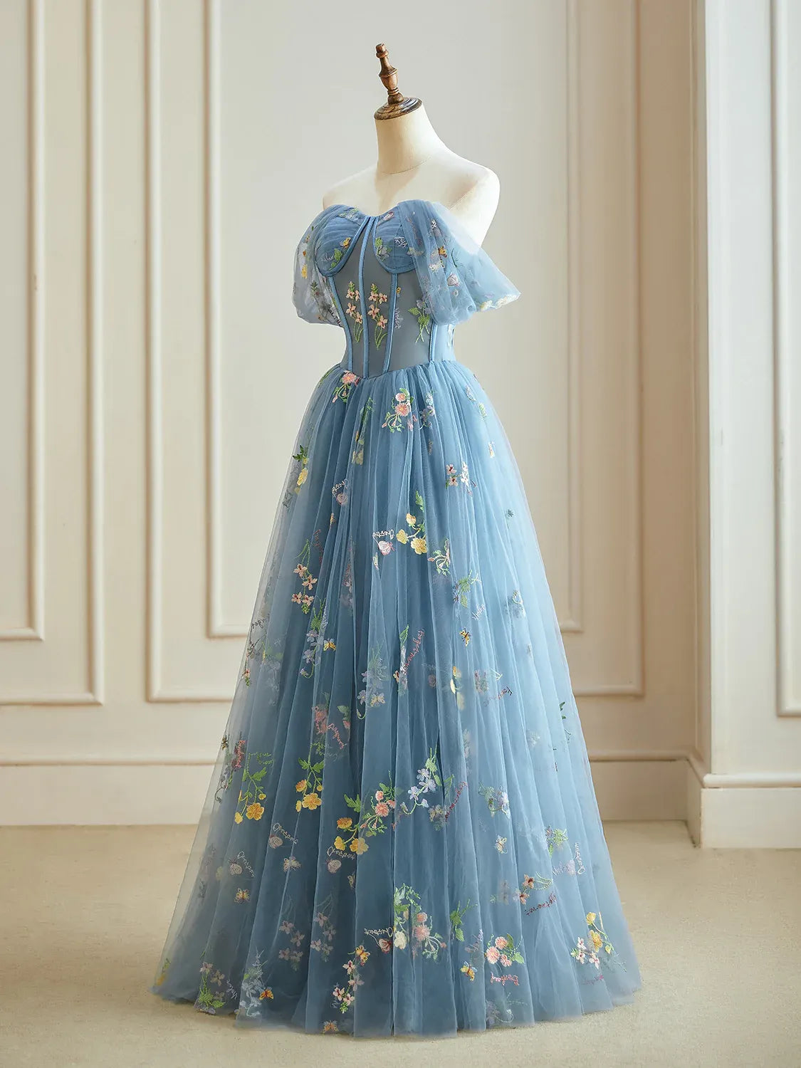 A-Line Blue Floral Prom Dress Long Tulle Formal Dress