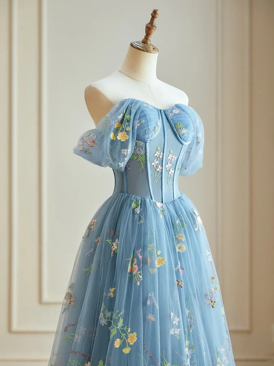 A-Line Blue Floral Prom Dress Long Tulle Formal Dress