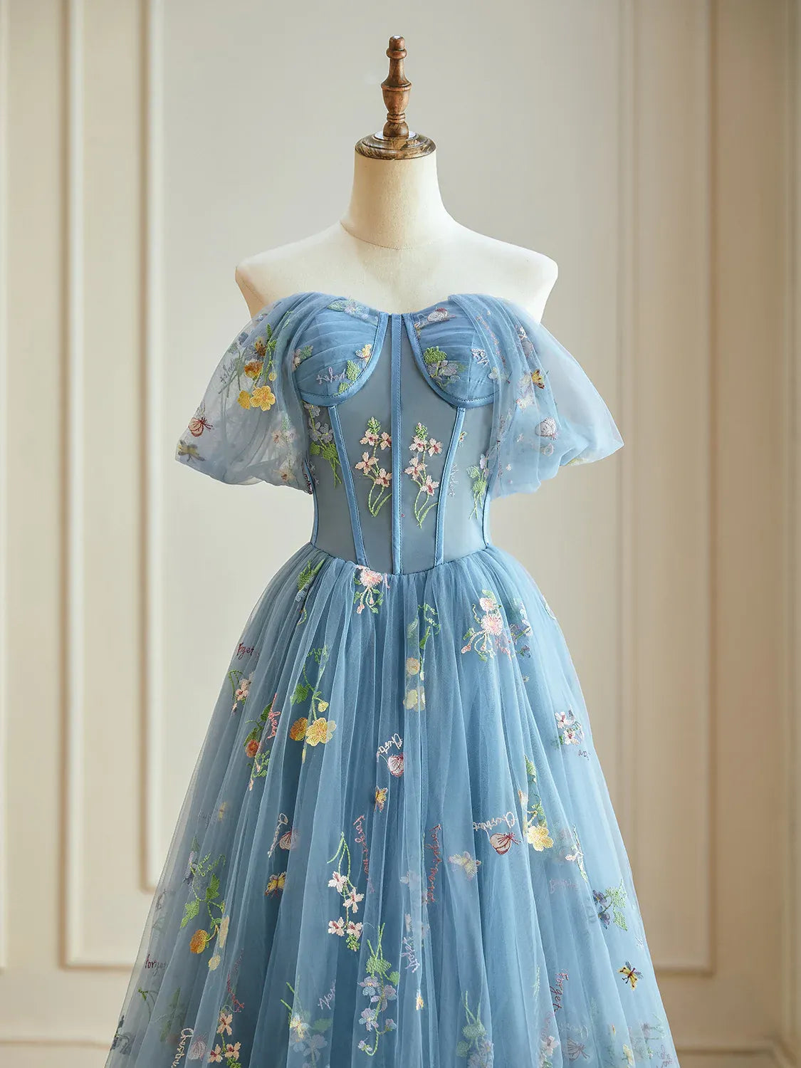 A-Line Blue Floral Prom Dress Long Tulle Formal Dress