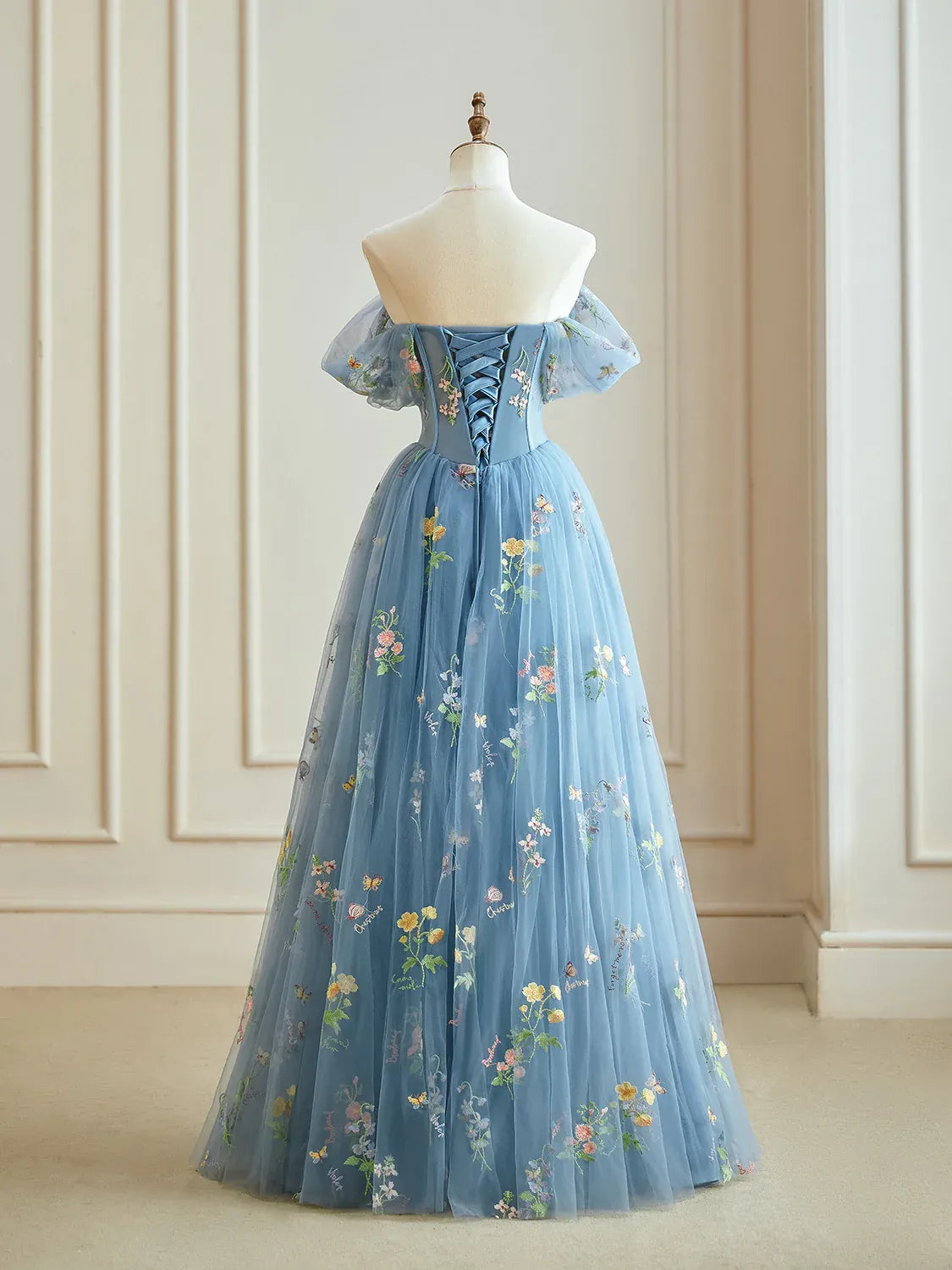 A-Line Blue Floral Prom Dress Long Tulle Formal Dress