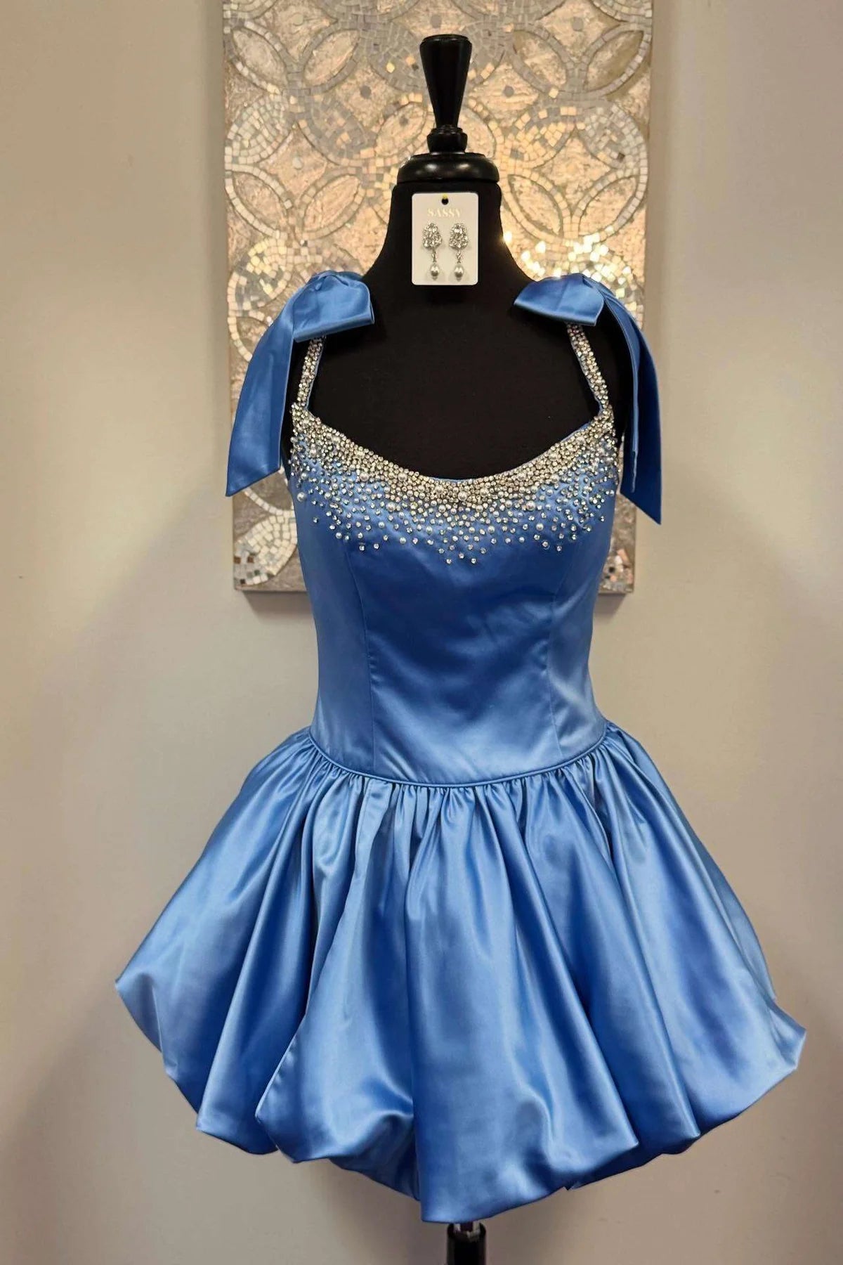 A-line Blue Homecoming Dresses Short Beaded with Bow Straps