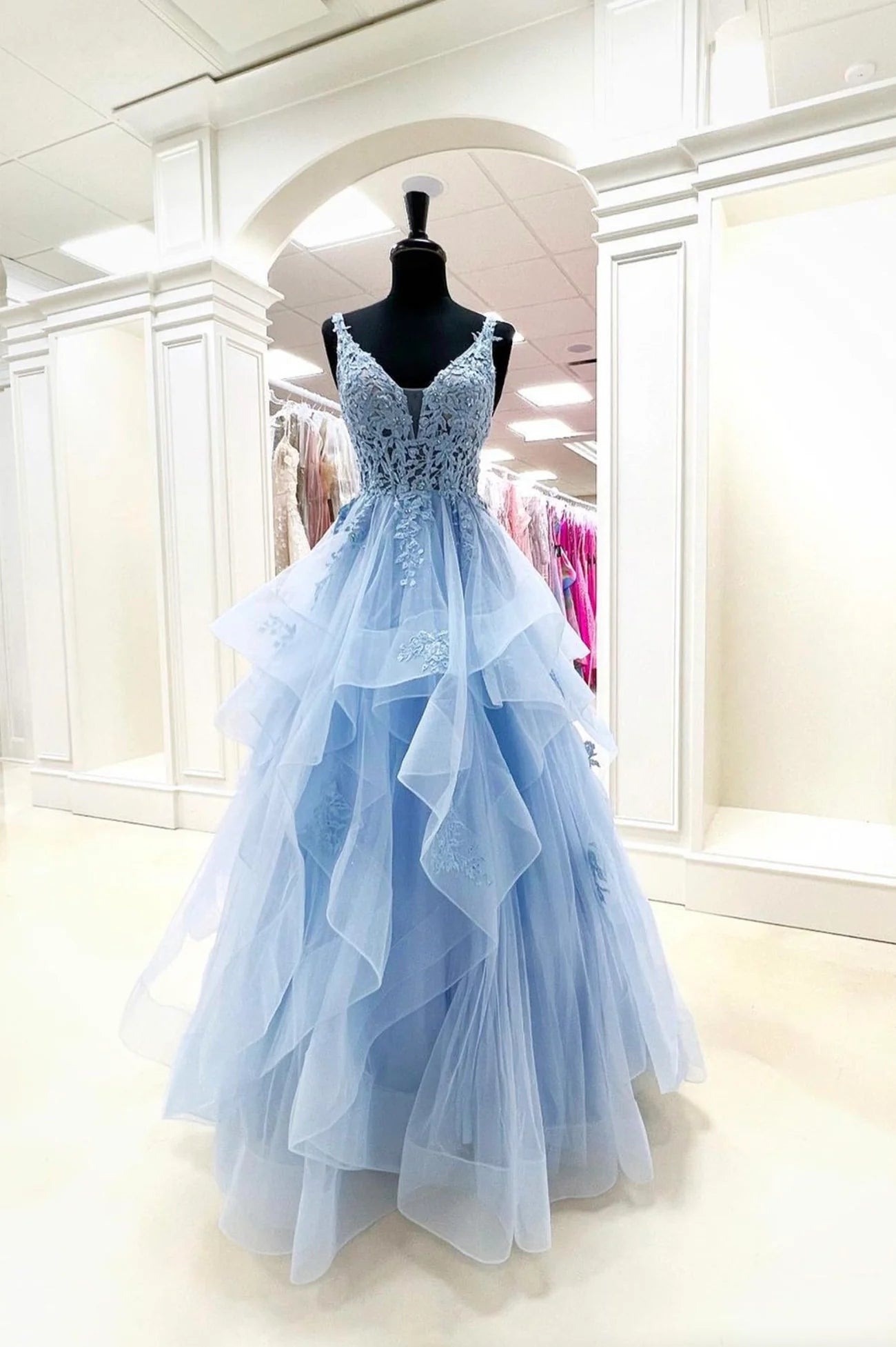 A-line Blue Tiered Formal Dresses Lace V Neck Sleeveless With Appliqued Mychicdress