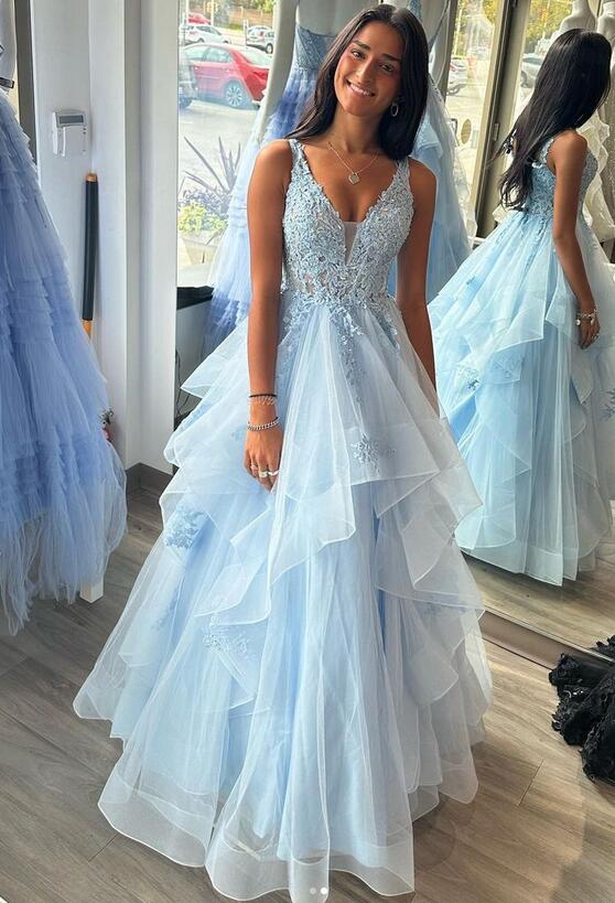 A-line Blue Tiered Formal Dresses Lace V Neck Sleeveless With Appliqued Mychicdress