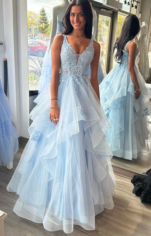 A-line Blue Lace Tiered Formal Dresses Mychicdress