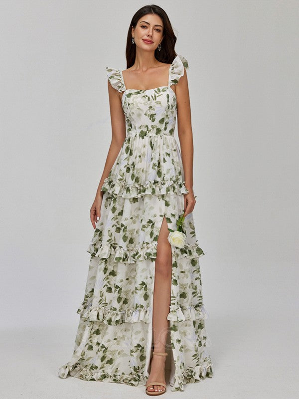 A Line Boho Floral Bridesmaid Dresses Green Chiffon with Ruffles Mychicdress