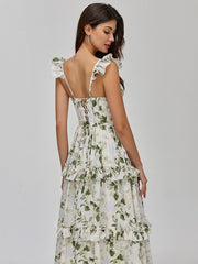 A Line Boho Floral Bridesmaid Dresses Green Chiffon with Ruffles Mychicdress